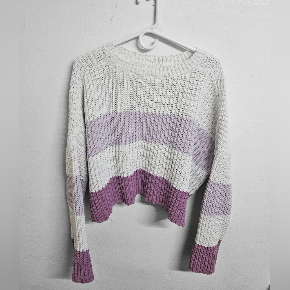 Moon & Madison Lavender Striped Cropped Sweater Boho Knit M